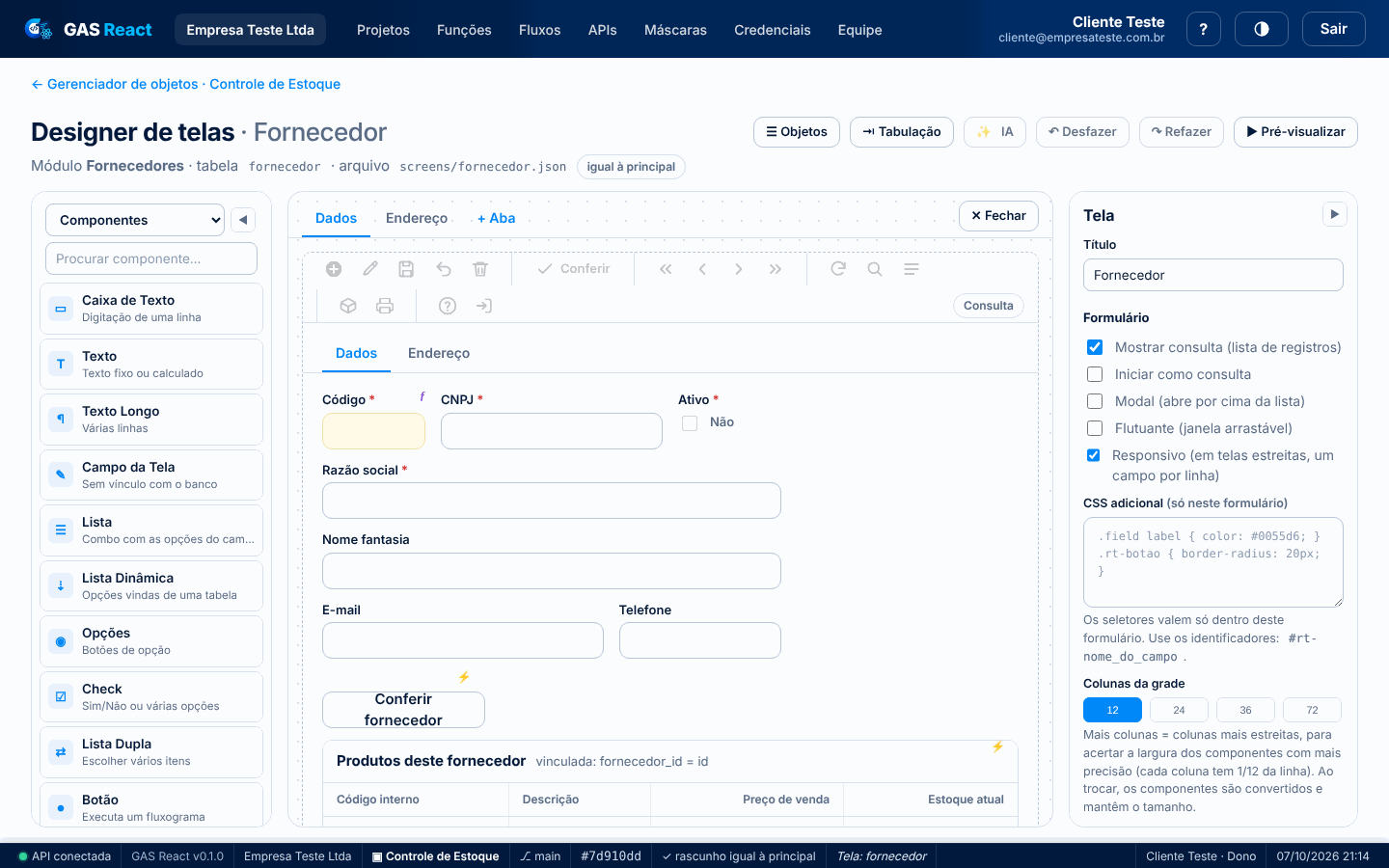 Designer de telas do GAS React com o formulário de fornecedores
