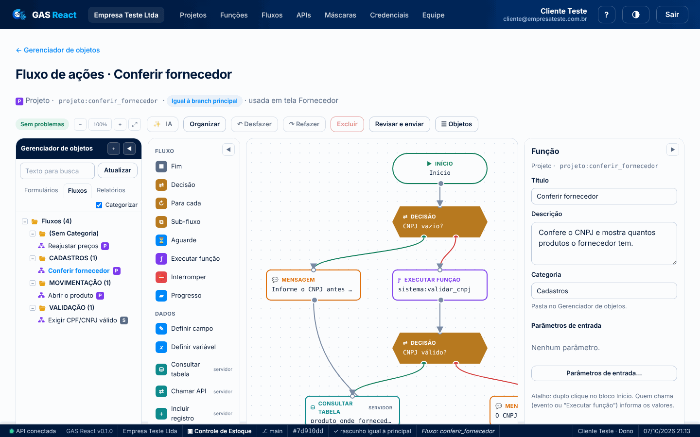 Editor de fluxos de ações com o fluxo Conferir fornecedor