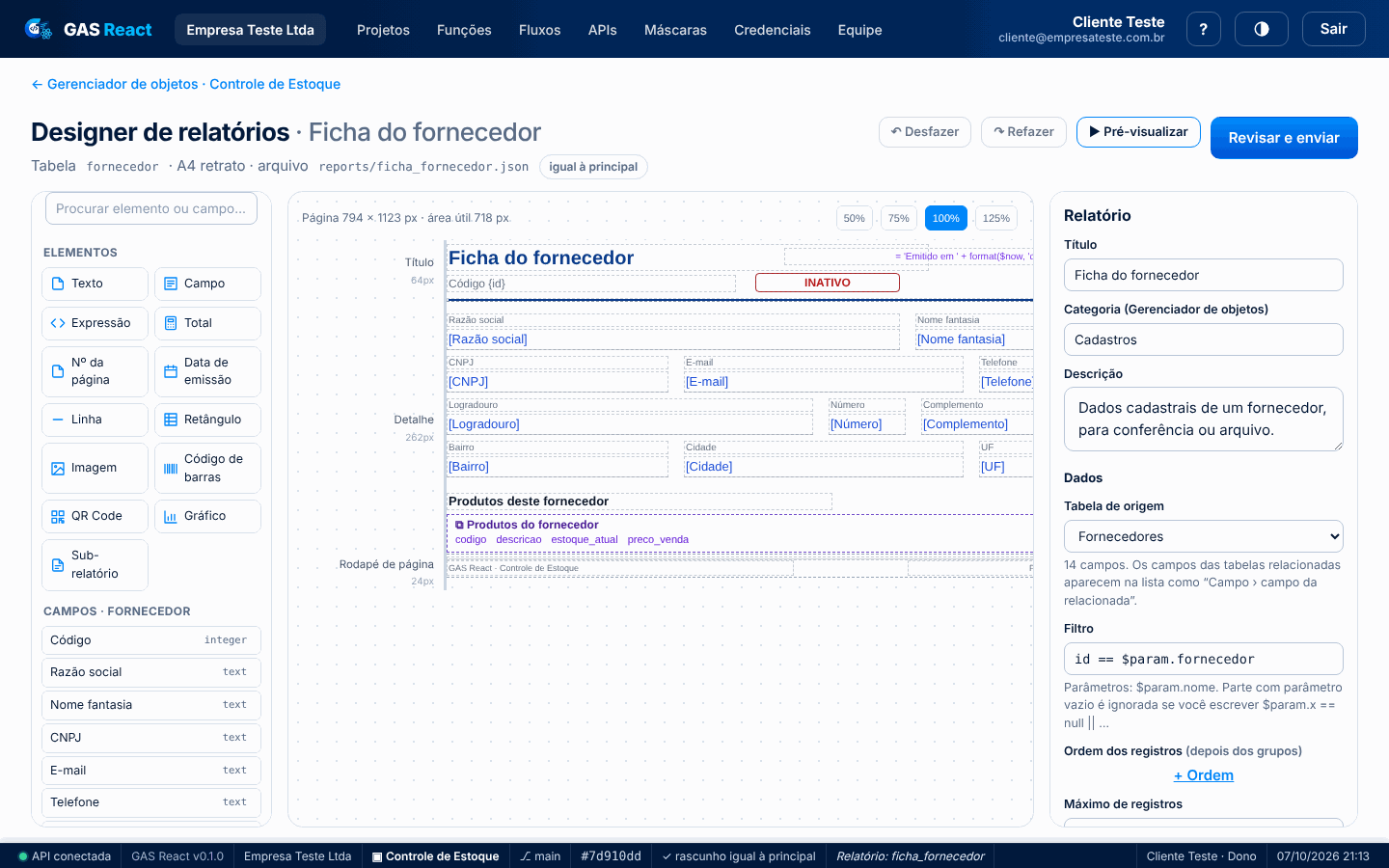 Ficha do fornecedor com sub-relatório dos produtos