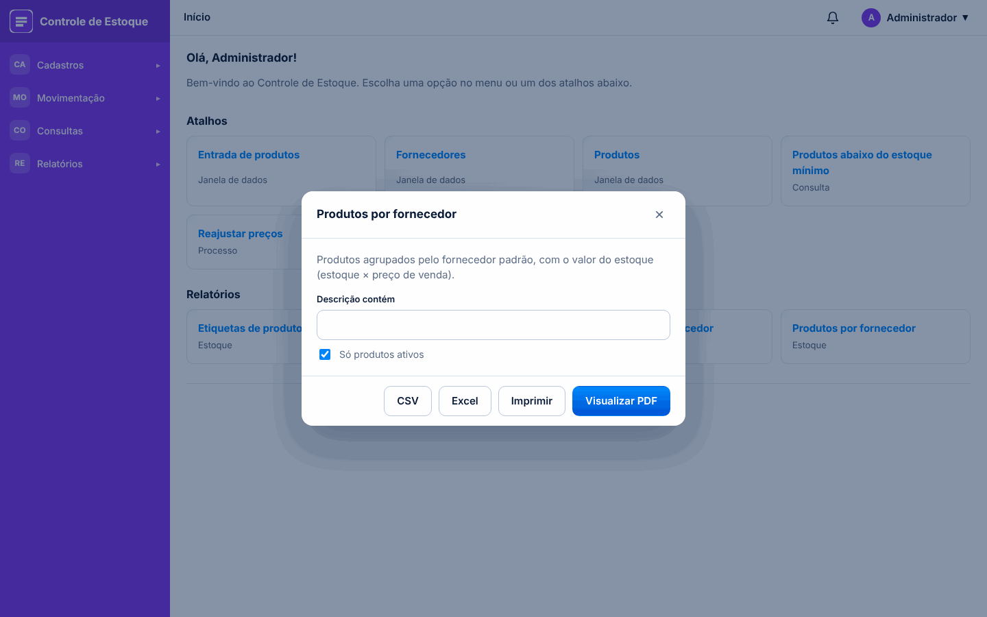 No sistema gerado: janela do relatório com o filtro e os botões CSV, Excel, Imprimir e Visualizar PDF